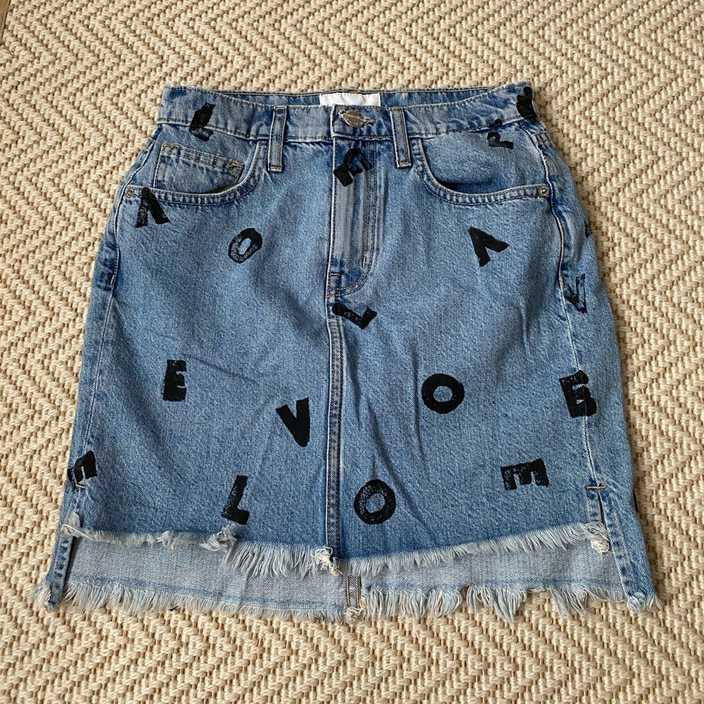 Current/Elliott Light Blue Denim Skirt with Black Lettering
